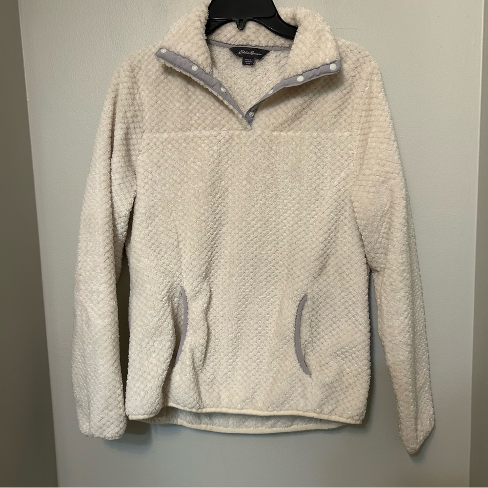 Eddie Bauer Pullover Fleece Sweatshirt Womens Small Snap Soft Comfort Warm White